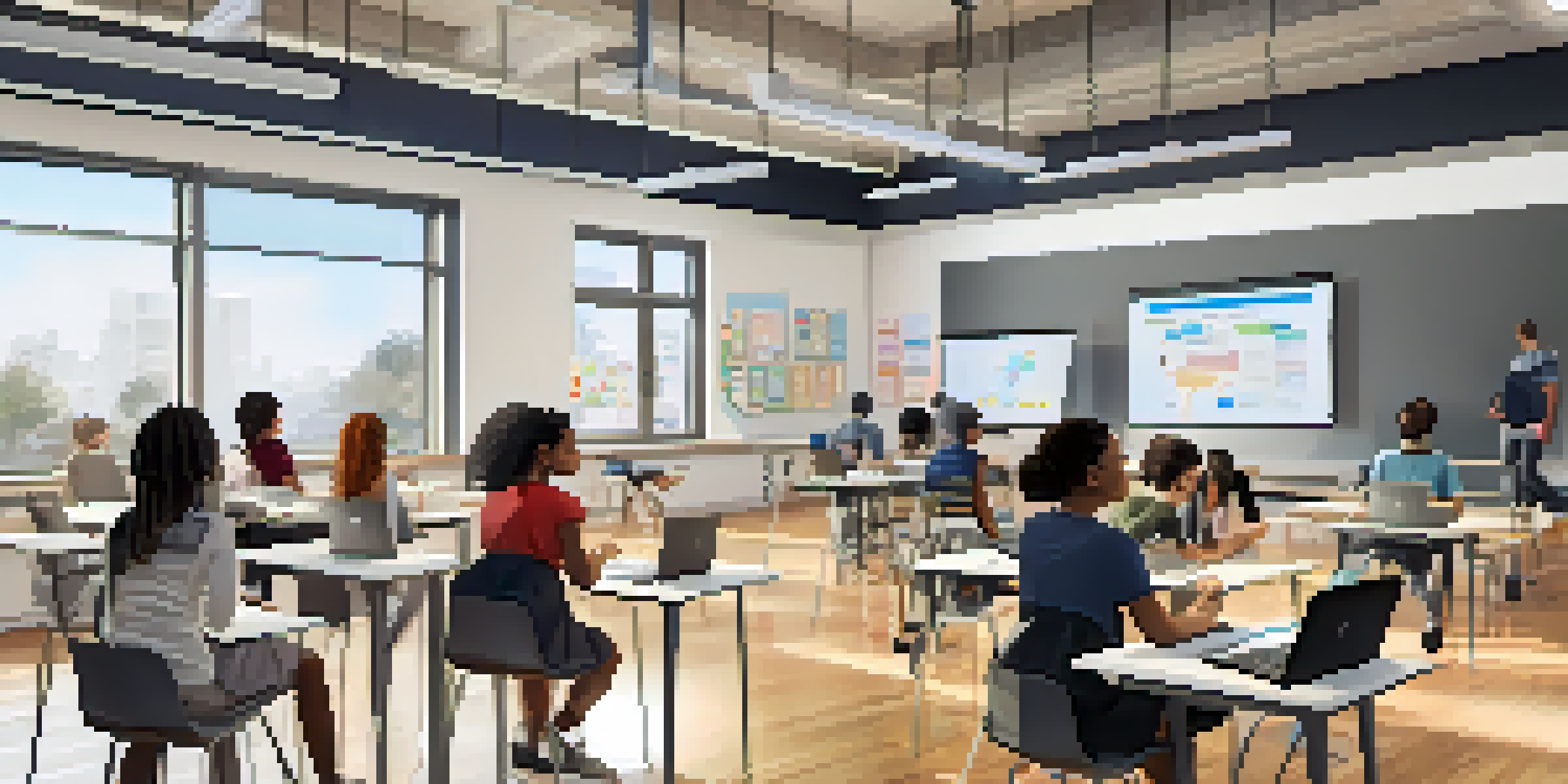 A bright and modern online classroom with diverse students using laptops and tablets, engaged in virtual learning.