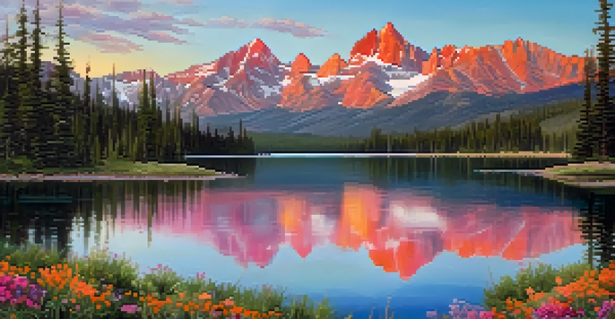 A beautiful sunrise over Colorado mountains, with a lake reflecting the peaks and colorful wildflowers in the foreground.