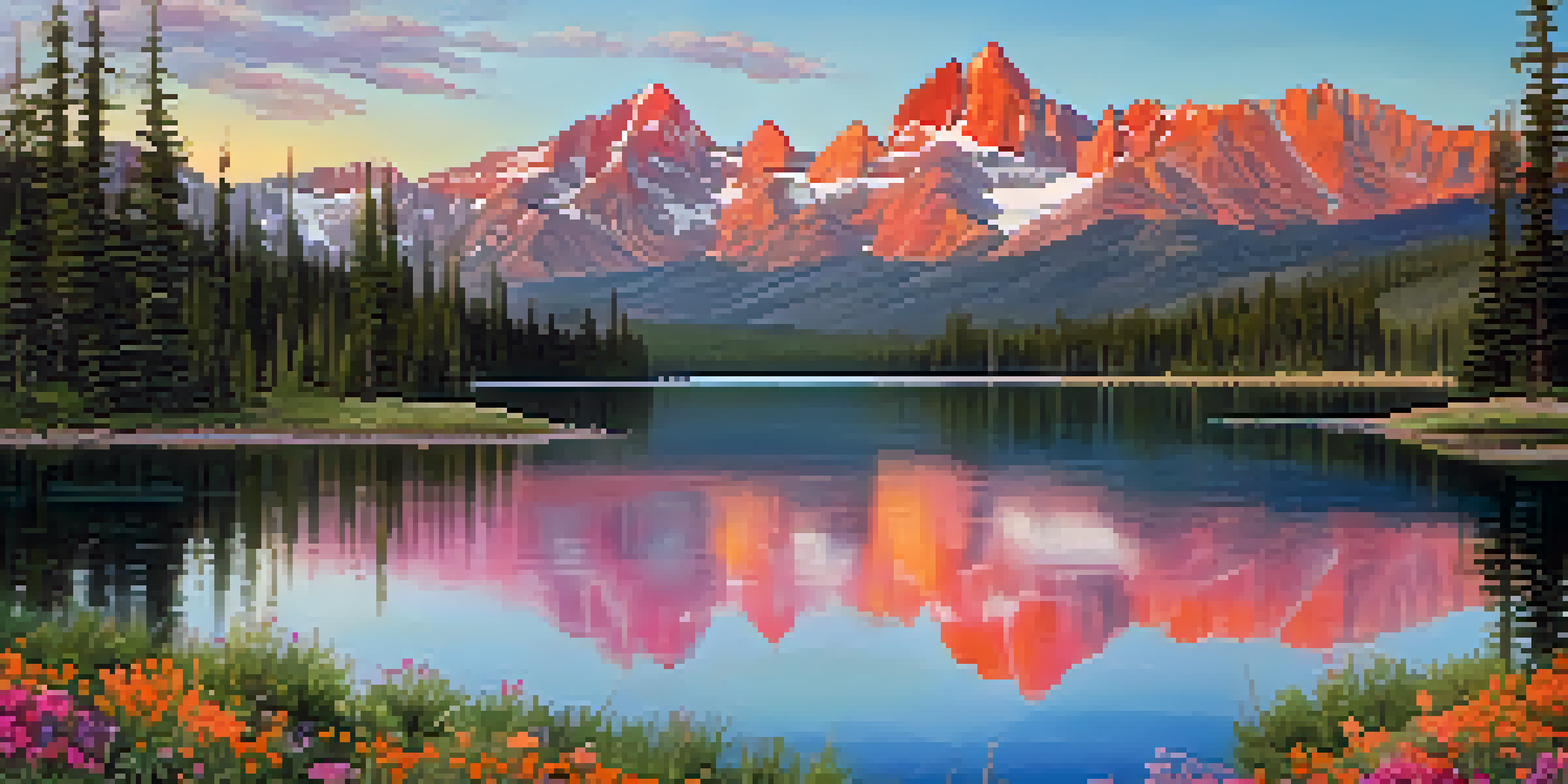 A beautiful sunrise over Colorado mountains, with a lake reflecting the peaks and colorful wildflowers in the foreground.