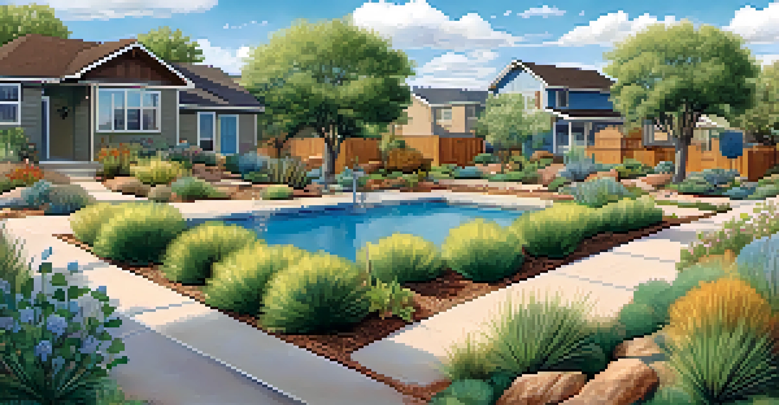 A residential neighborhood in Colorado with xeriscaped gardens, rain barrels, and families gardening under a clear blue sky.