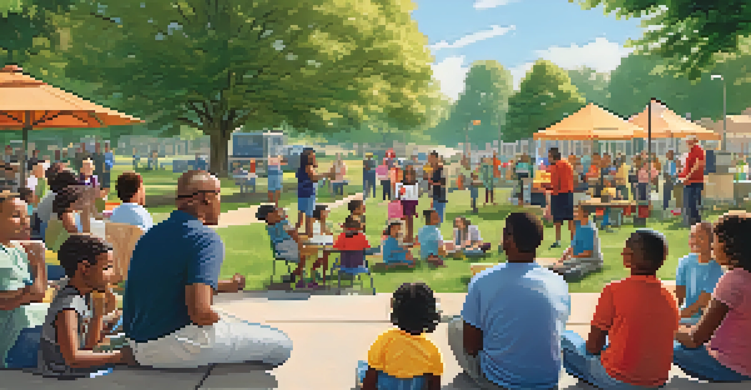 A community gathering in a park for a fire safety workshop, featuring diverse residents and local fire officials engaging in discussions.