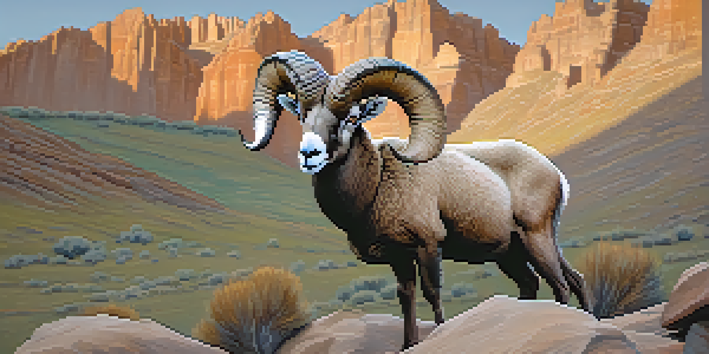 A Rocky Mountain Bighorn Sheep on a rocky cliff with mountains in the background, showcasing its curved horns and thick wool coat.