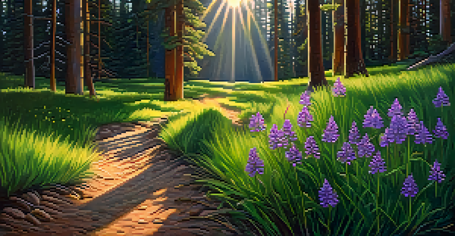 A close-up of a purple wildflower on a hiking trail in Colorado, with pine trees and sunlight in the background.