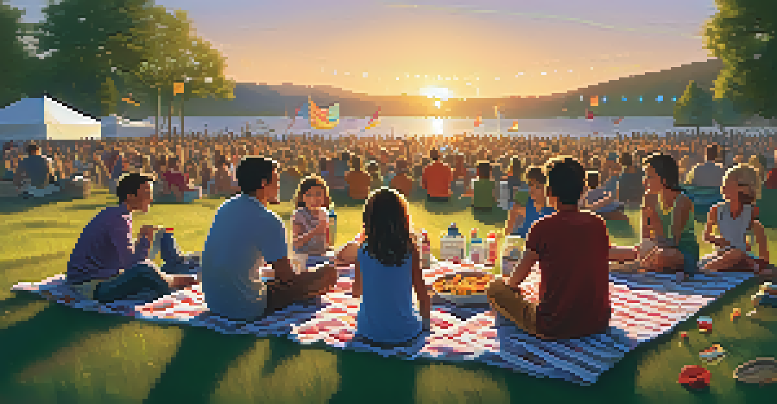 A family enjoying a picnic at a music festival with a stage and live performers in the background during sunset.