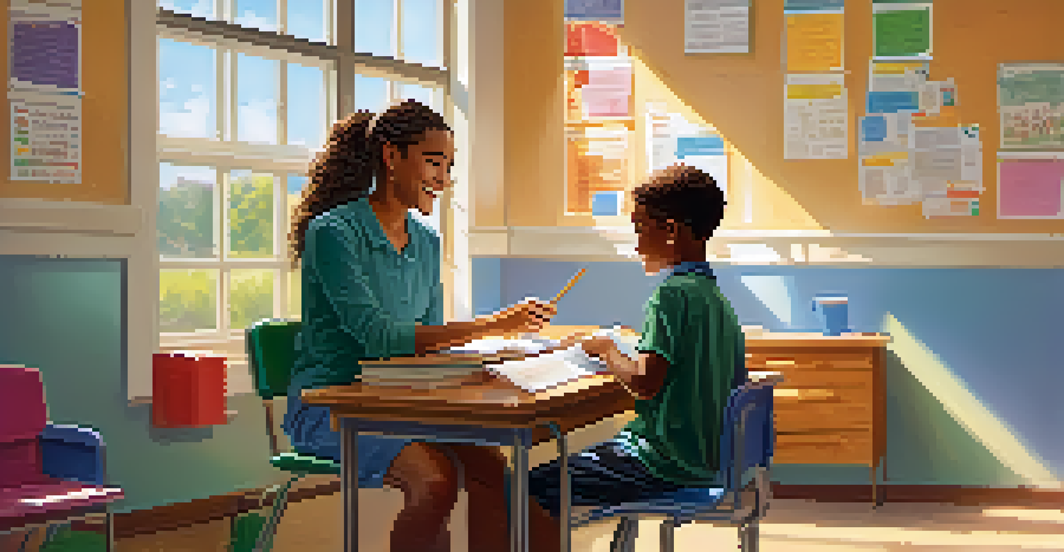 A student interacting with a school counselor in a bright classroom filled with motivational posters, sunlight streaming through the windows.