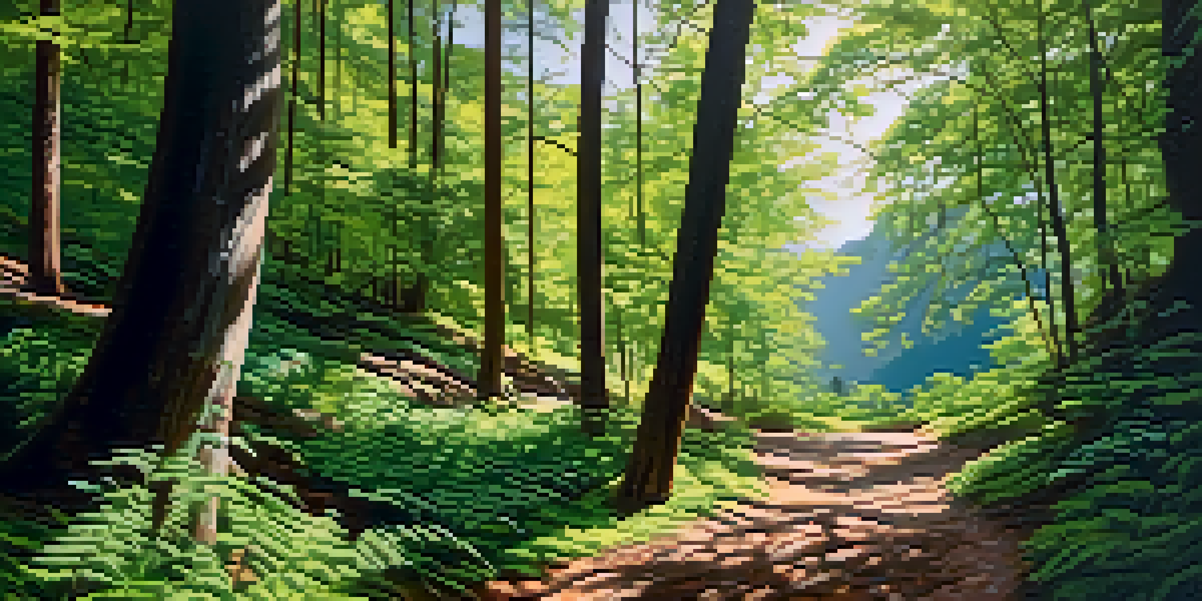 A peaceful national park with hikers on a trail, sunlight filtering through trees, and a sparkling river.