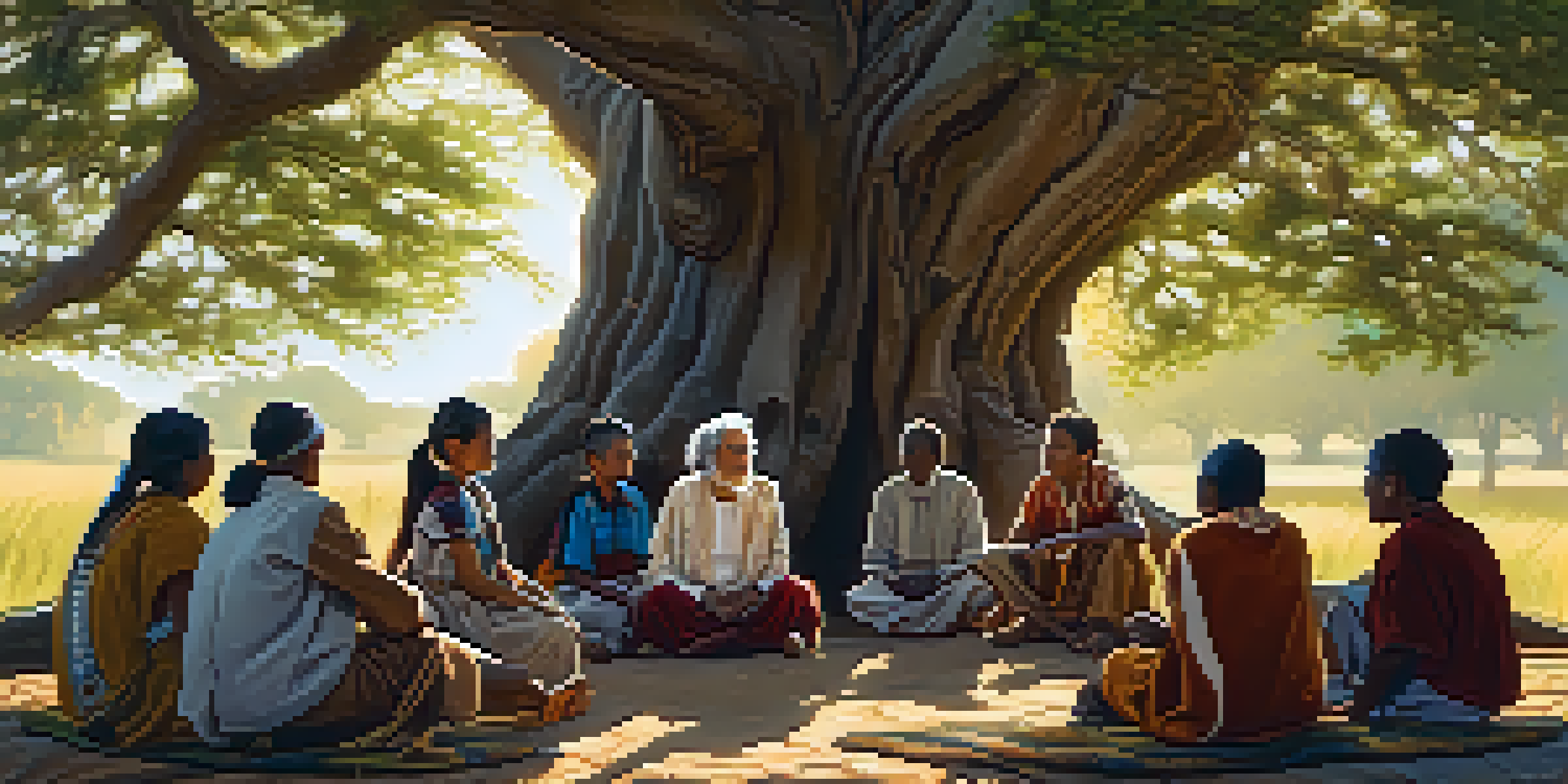 An Indigenous elder sharing stories with young listeners under a large tree, illuminated by warm sunlight.
