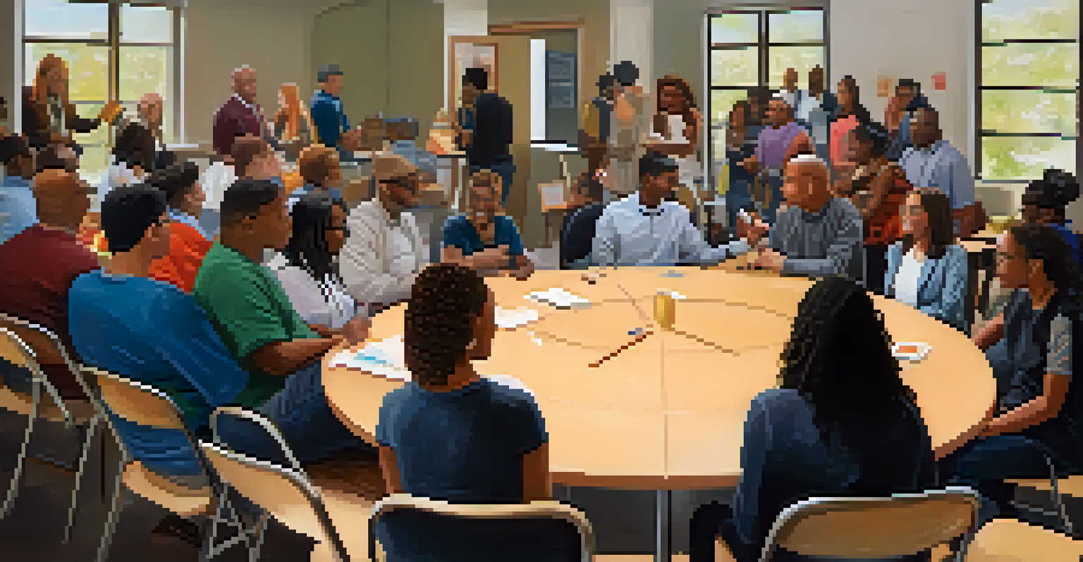 A community college workshop with diverse participants engaged in discussion, surrounded by educational materials and a welcoming environment.