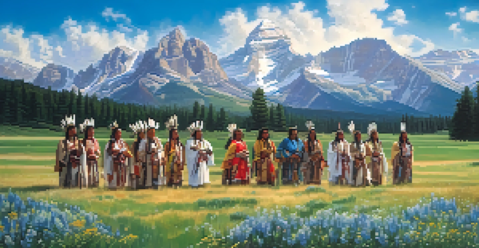 A scenic view of the Colorado mountains with Native American figures in traditional clothing celebrating in a meadow full of wildflowers.
