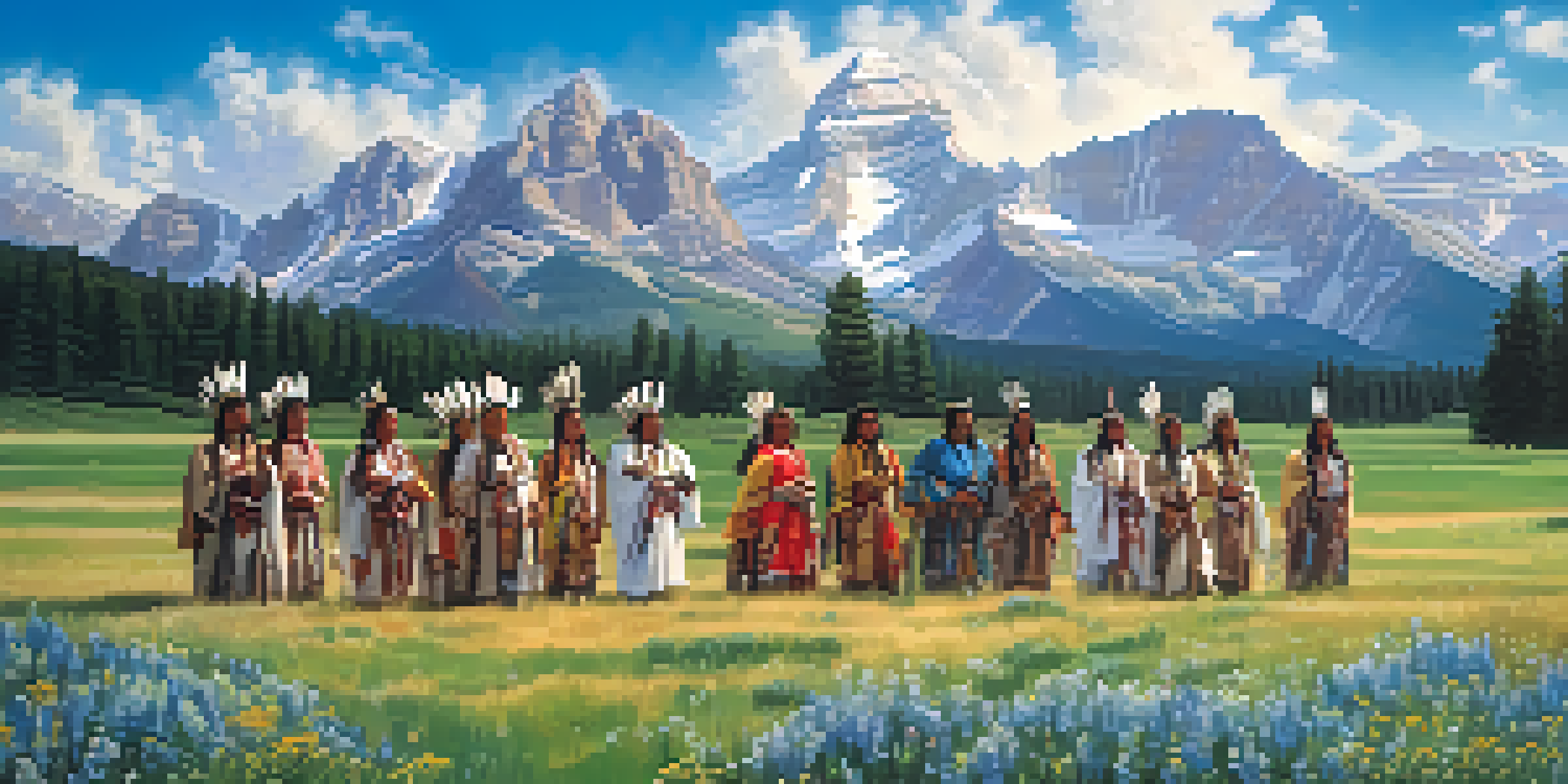 A scenic view of the Colorado mountains with Native American figures in traditional clothing celebrating in a meadow full of wildflowers.
