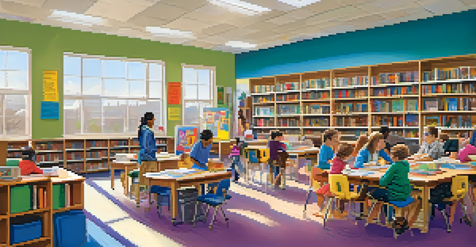 Volunteers tutoring children in a bright and inviting public library filled with books.