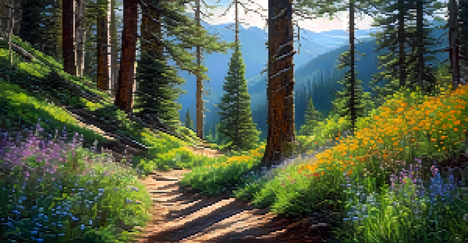 A hiking trail in a colorful forest with sunlight filtering through the trees and a hiker on the path.