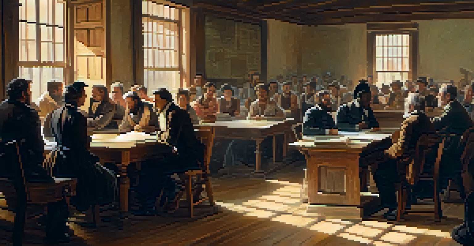 A rustic town hall scene depicting a passionate debate on slavery in Colorado during the 1850s, with sunlight illuminating the intense expressions of the participants.