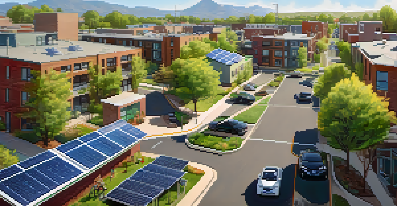 A modern urban scene in Colorado with solar panels, electric cars, and community gardens under bright daylight.