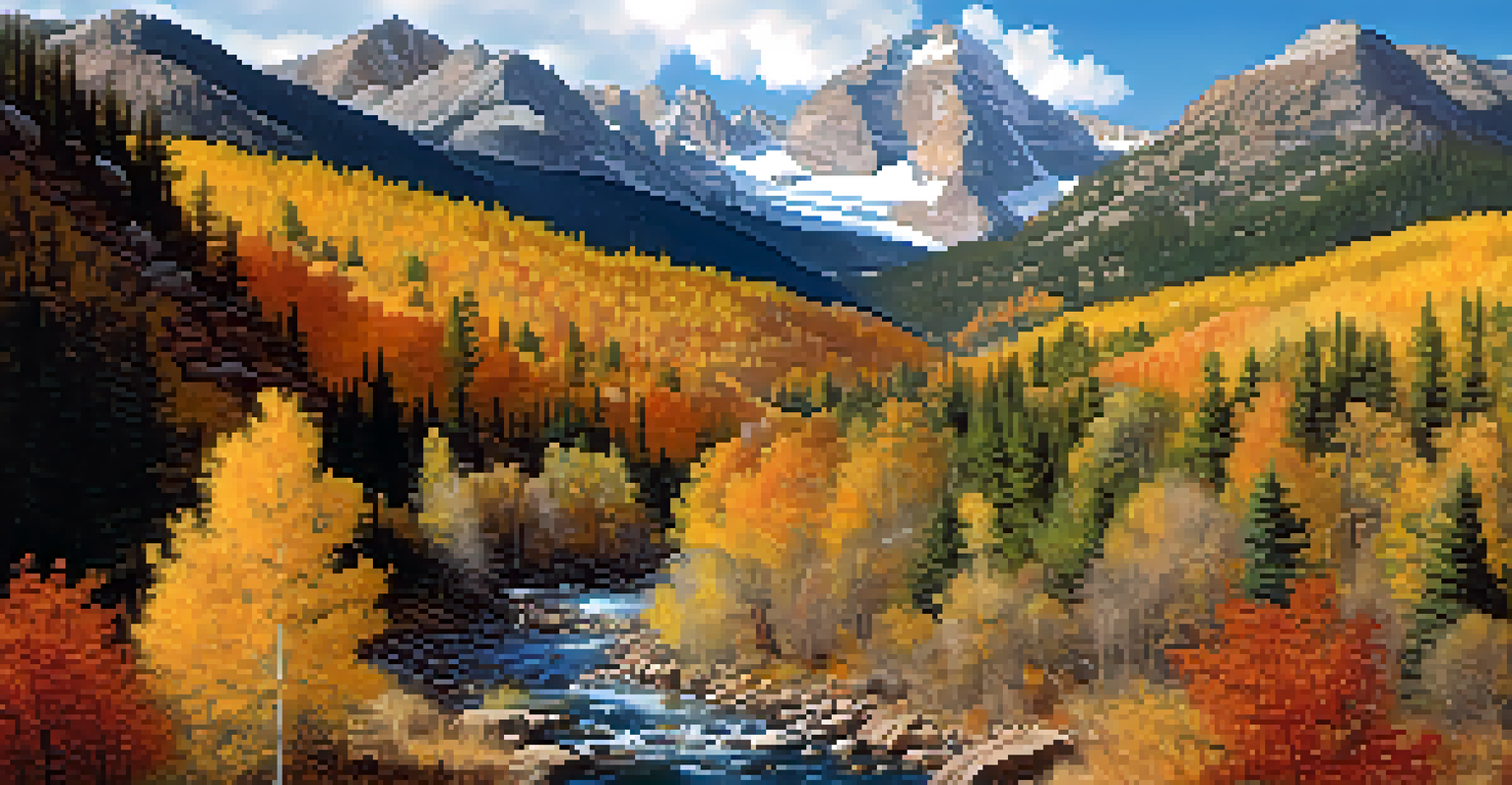 A beautiful landscape of Colorado featuring mountains and forests, illustrating seasonal changes with autumn leaves and snow.