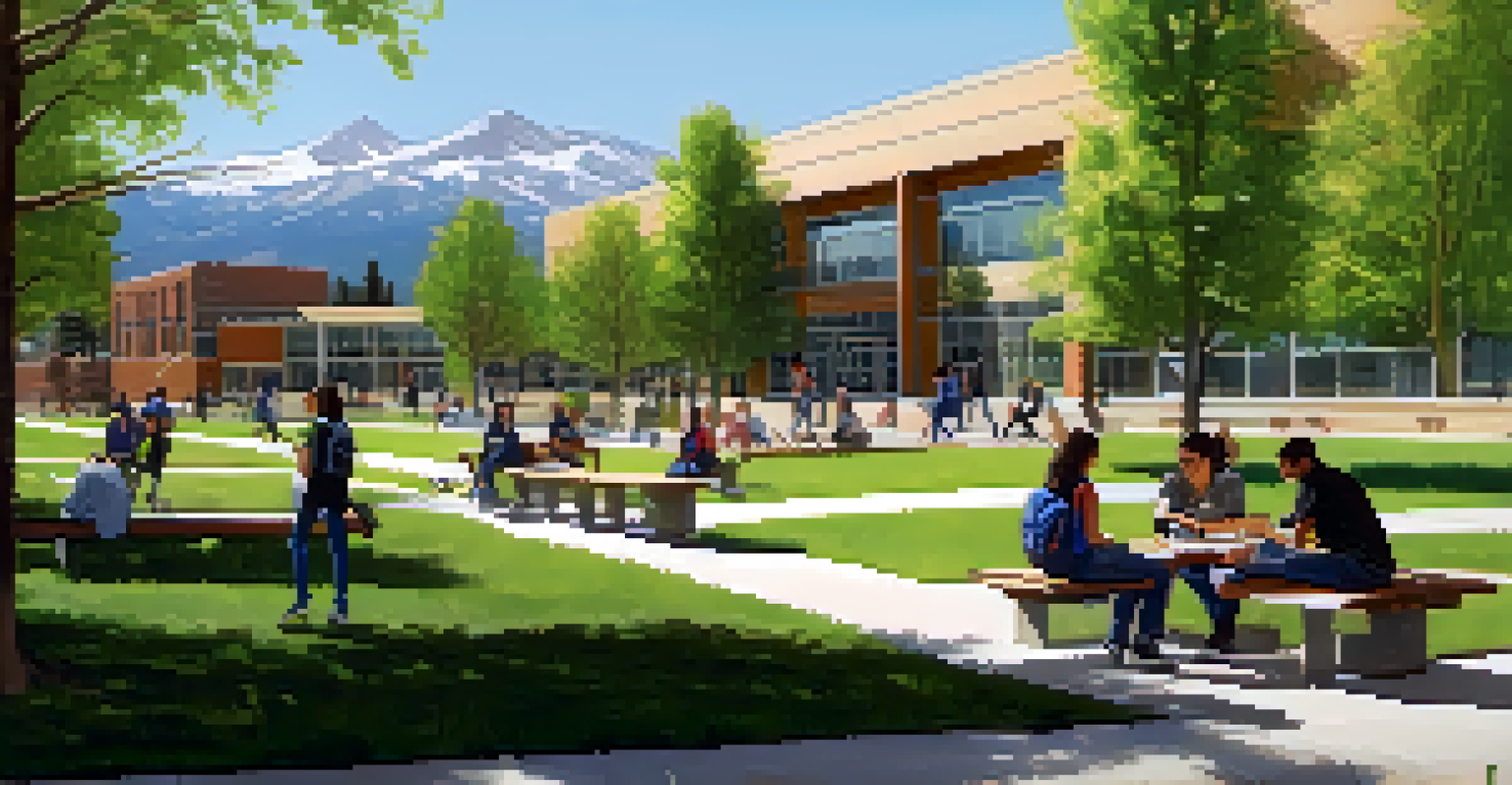 A modern community college campus in Colorado, showing students engaging outdoors with a scenic mountain backdrop.