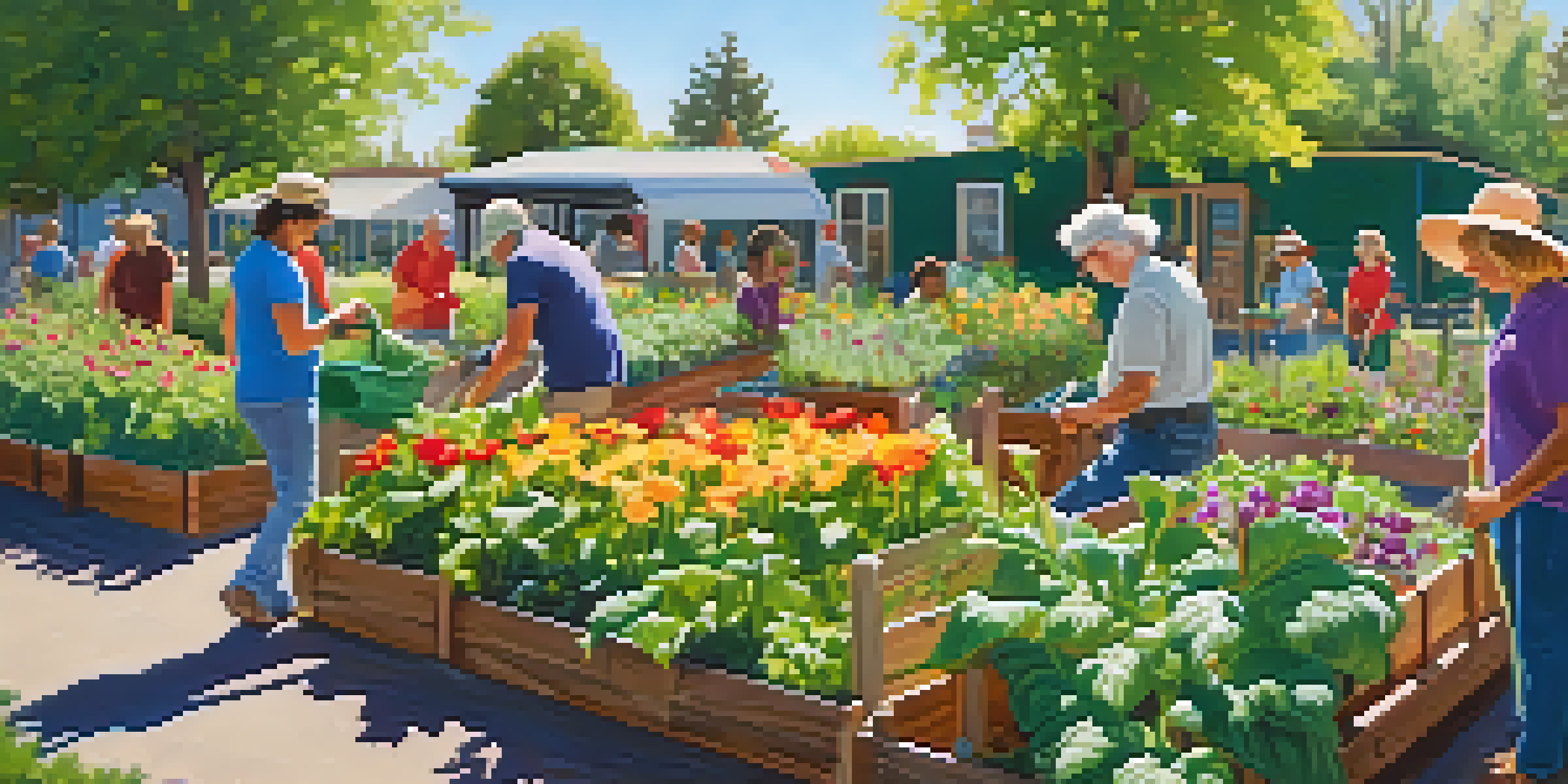 A lively community garden in Colorado with people of different ages gardening together, surrounded by lush greenery and flowers under a bright sky.