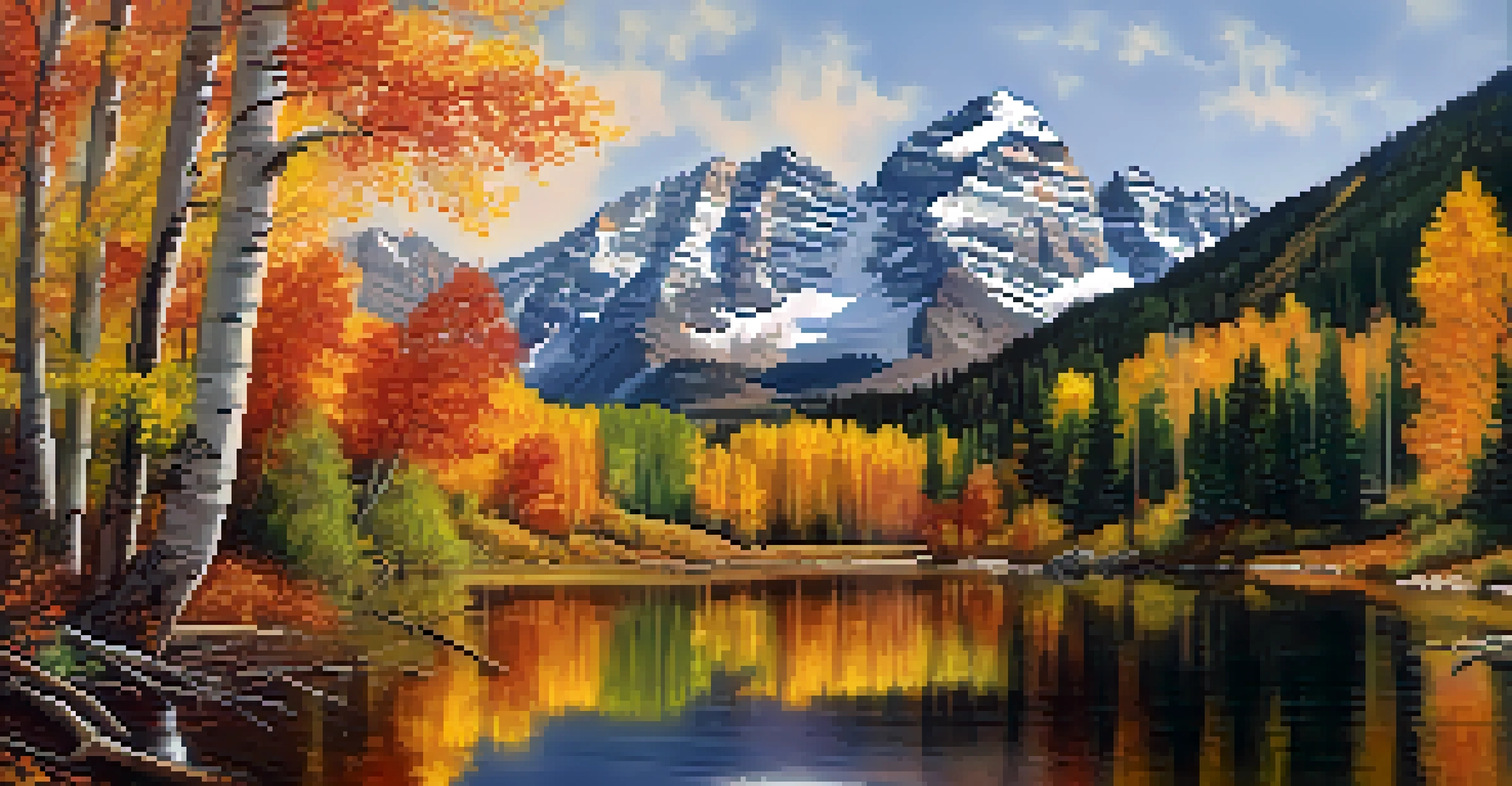 Autumn colors at the Maroon Bells with vibrant foliage and a reflective lake, featuring visitors taking photos.