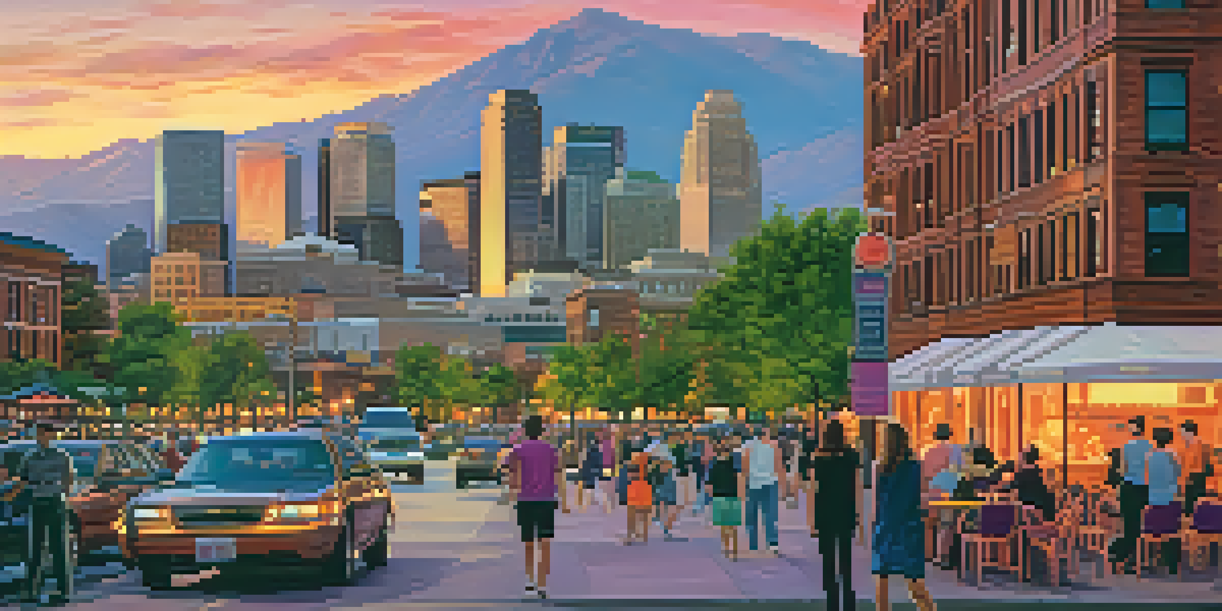 A sunset view of the Denver skyline with skyscrapers and mountains, featuring a busy street with people and outdoor cafes.