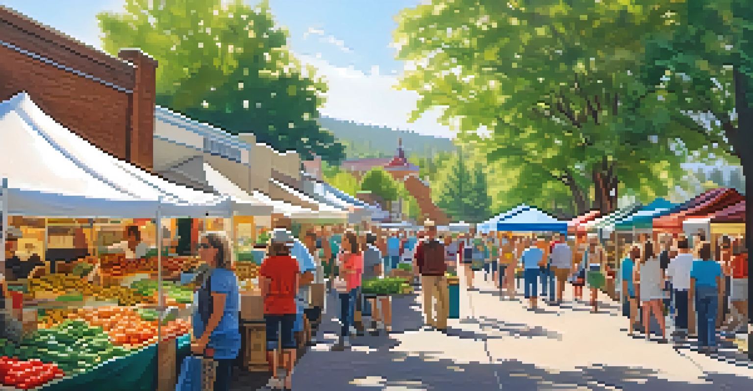 A vibrant farmers' market in Colorado with vendors selling fresh produce and crafts, surrounded by families enjoying the day.