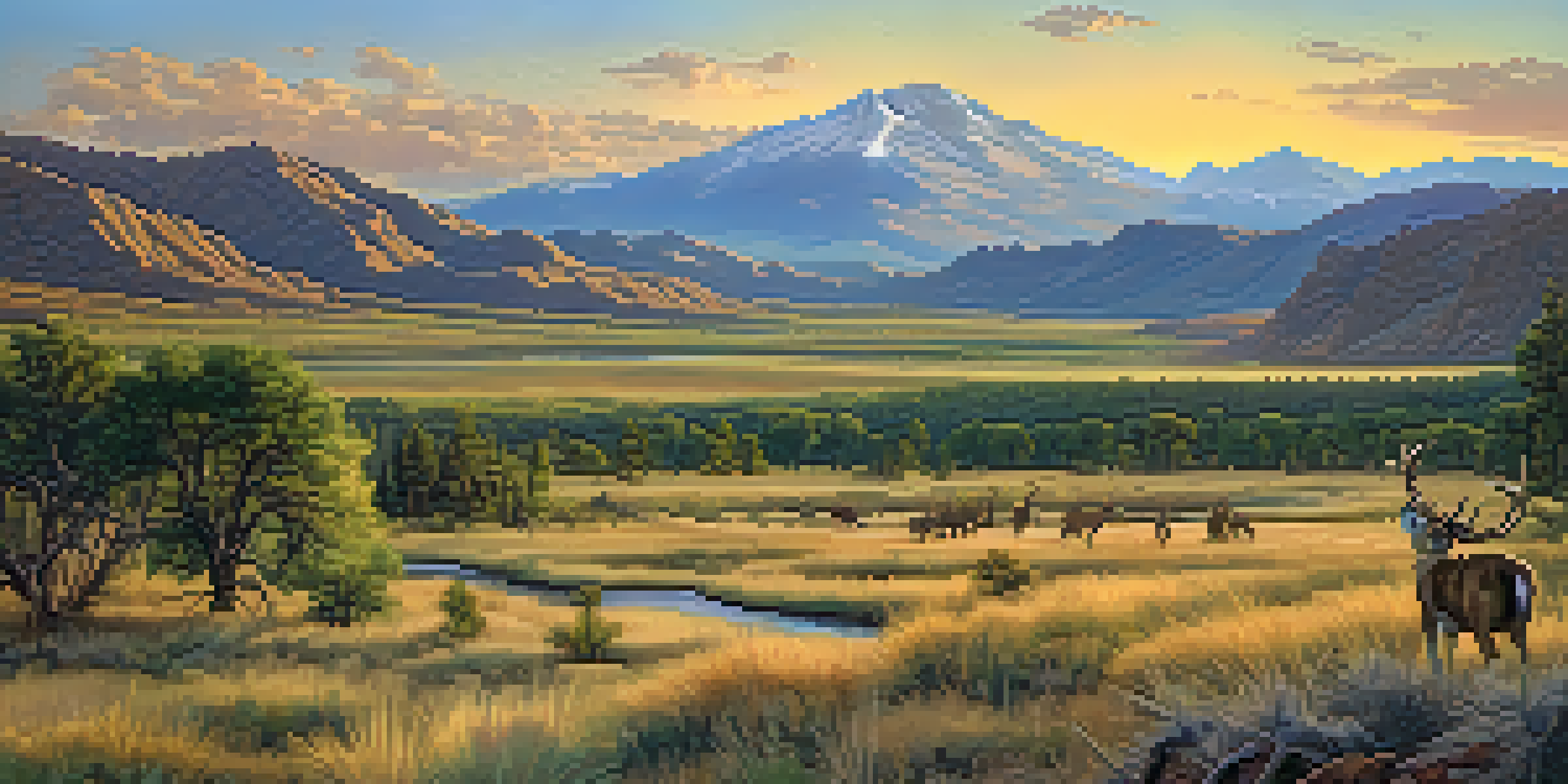 A panoramic view of Colorado's landscapes showing deserts, forests, and mountains, with wildlife including deer and birds.