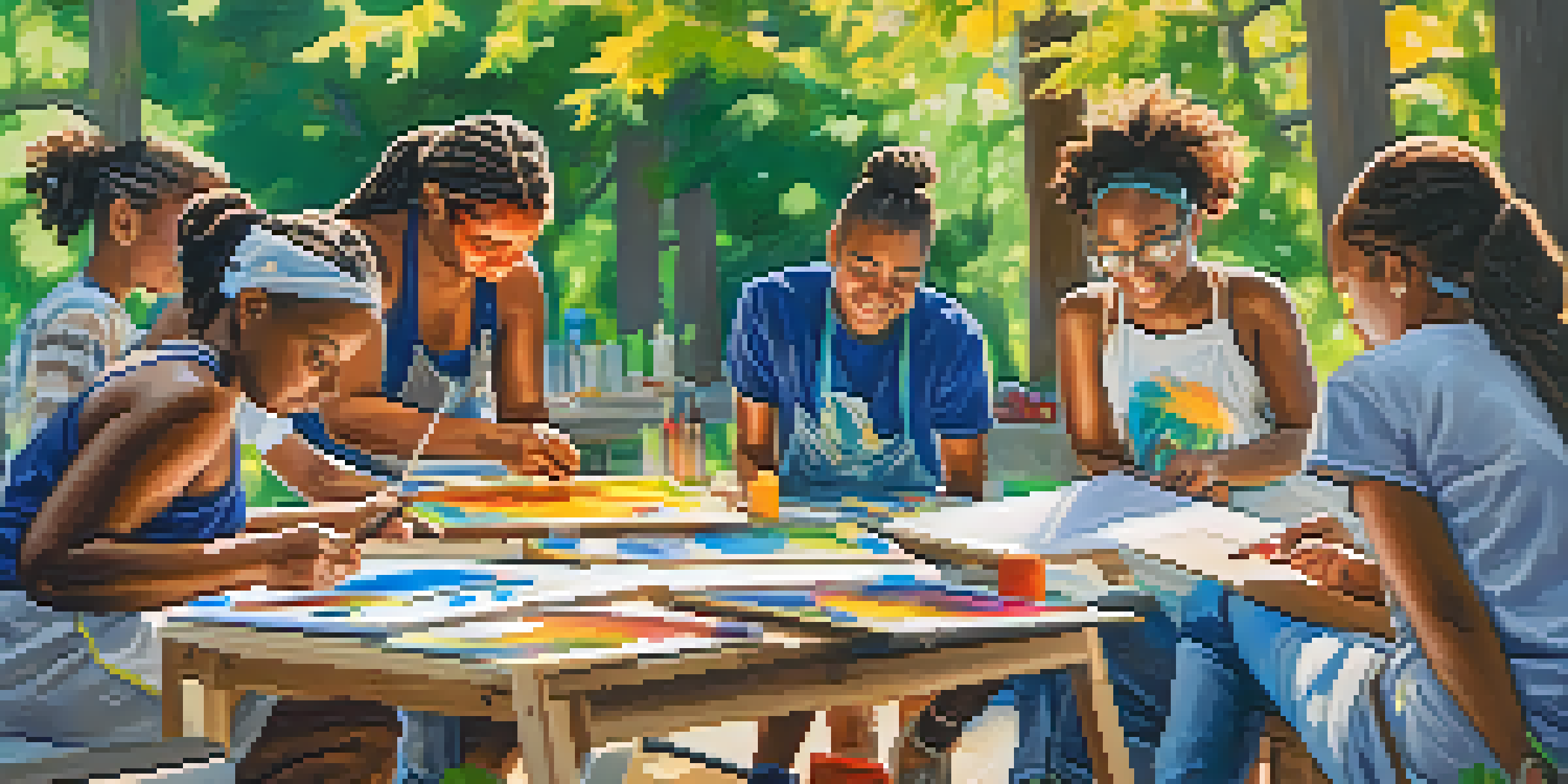 A group of diverse young people painting outdoors in a community art workshop, surrounded by colorful canvases and natural light.