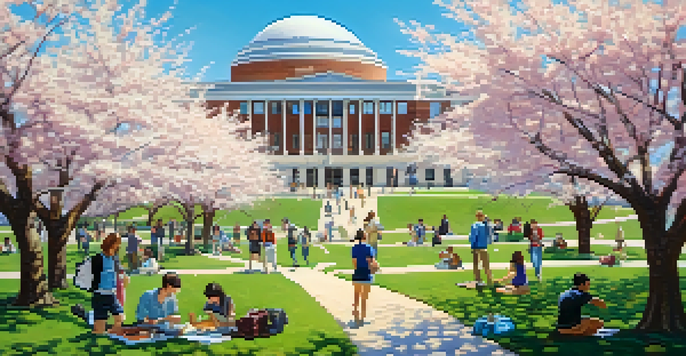 A lively college campus with students involved in different activities like painting and playing frisbee, surrounded by cherry blossom trees and university buildings.