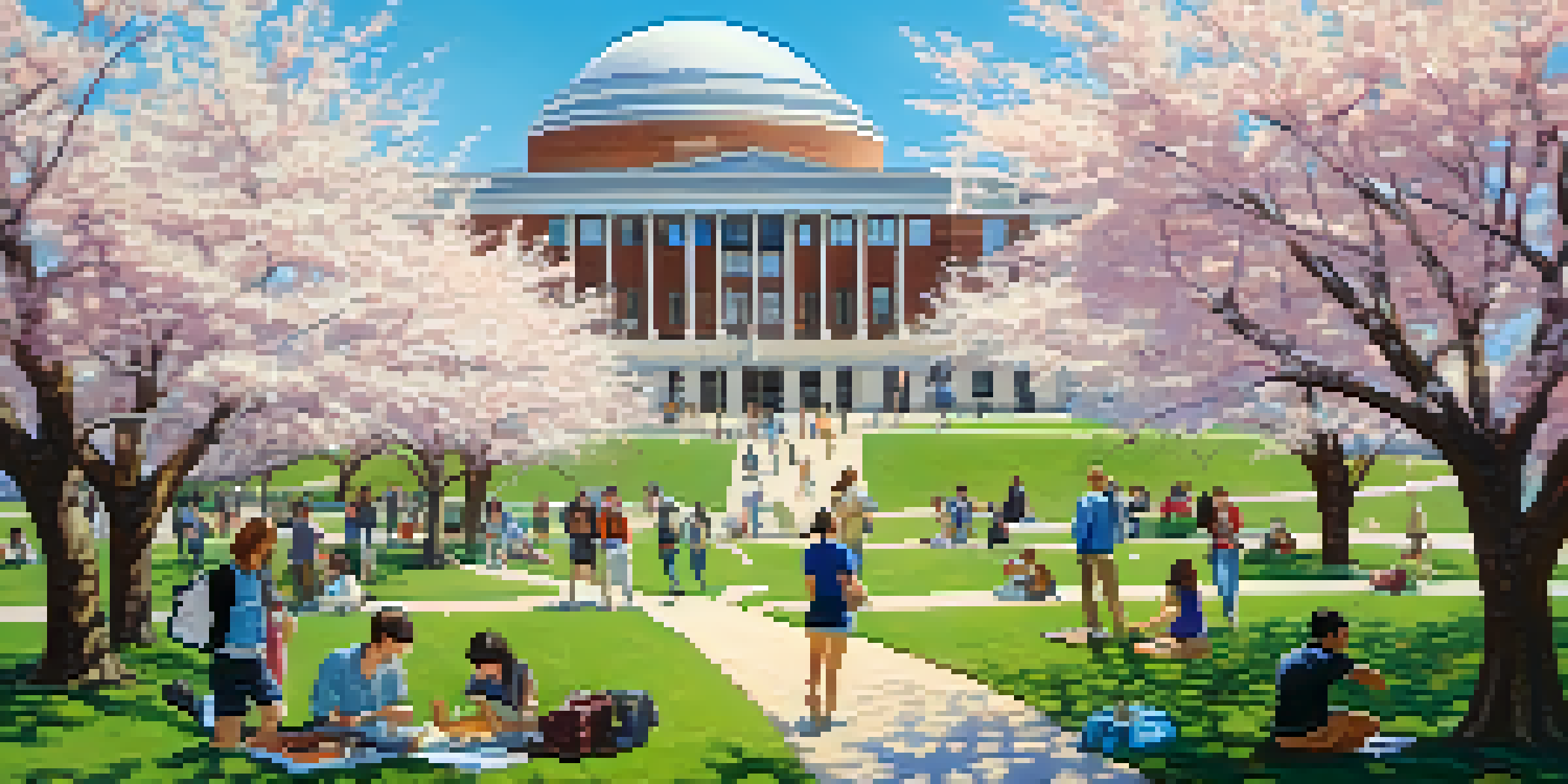 A lively college campus with students involved in different activities like painting and playing frisbee, surrounded by cherry blossom trees and university buildings.