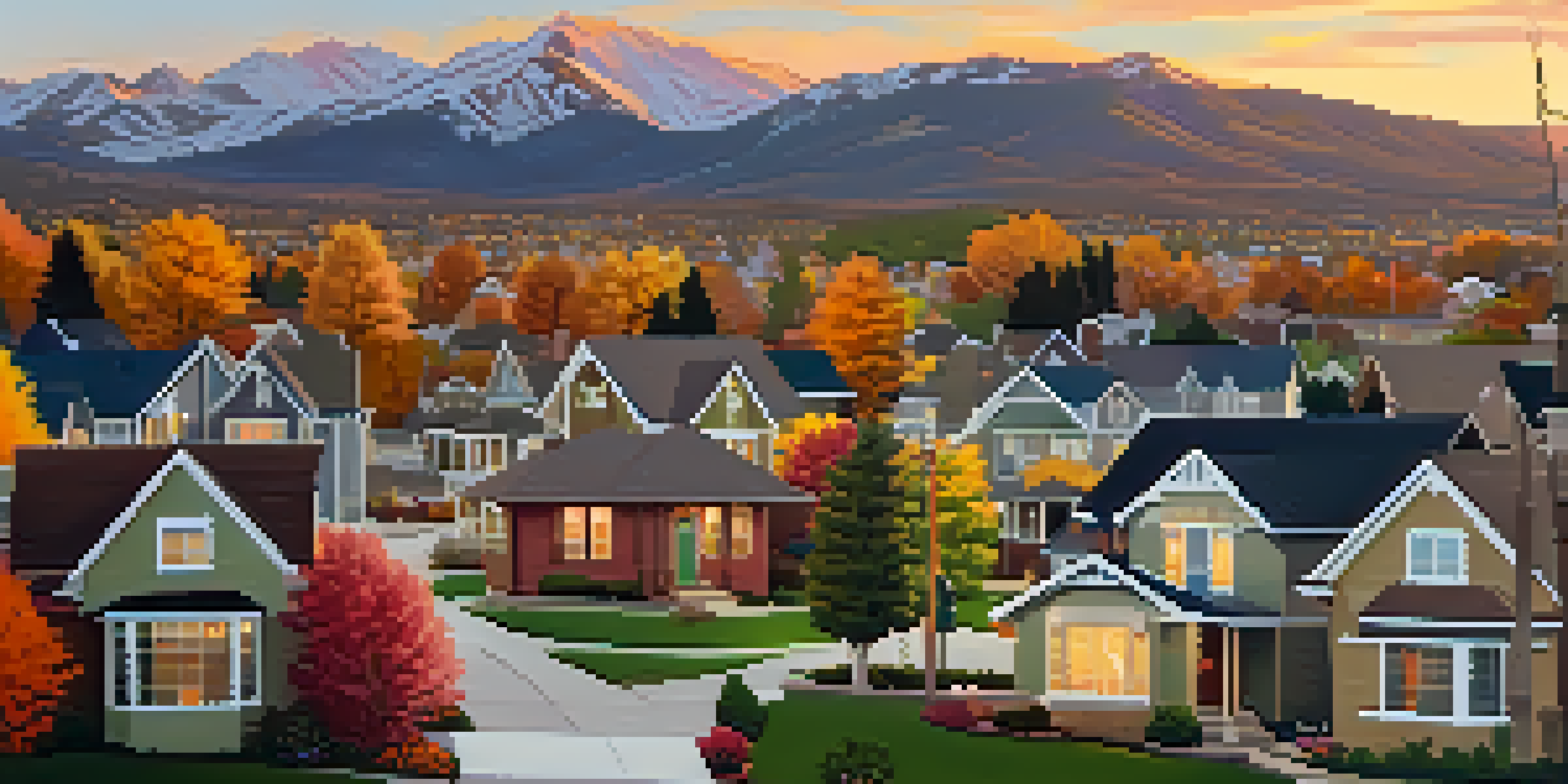 A peaceful suburban neighborhood in Colorado with colorful houses and a backdrop of mountains during sunset.