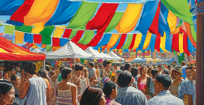 A lively street festival in Denver with diverse cultural celebrations, colorful banners, and people enjoying music and food.
