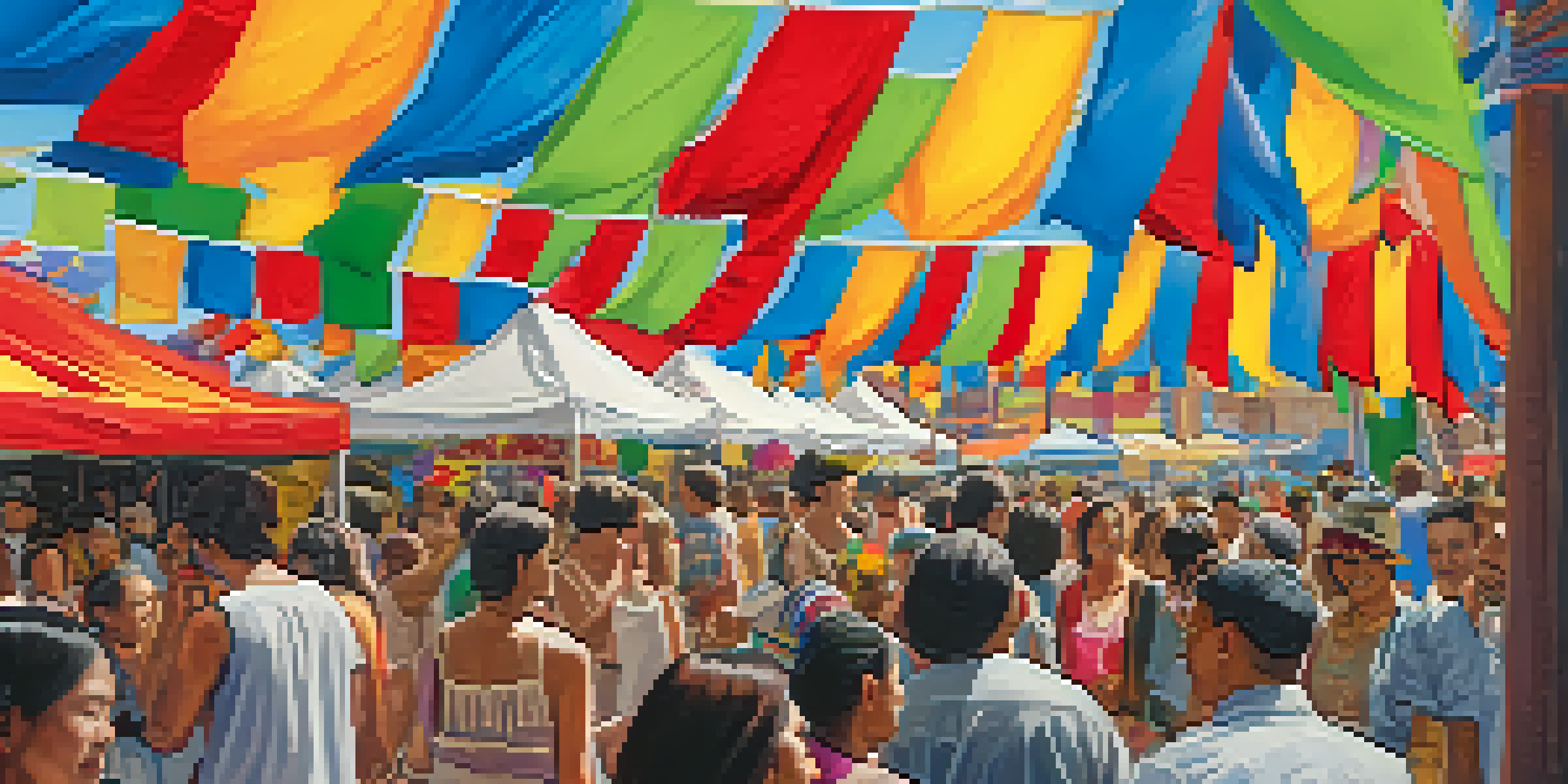 A lively street festival in Denver with diverse cultural celebrations, colorful banners, and people enjoying music and food.