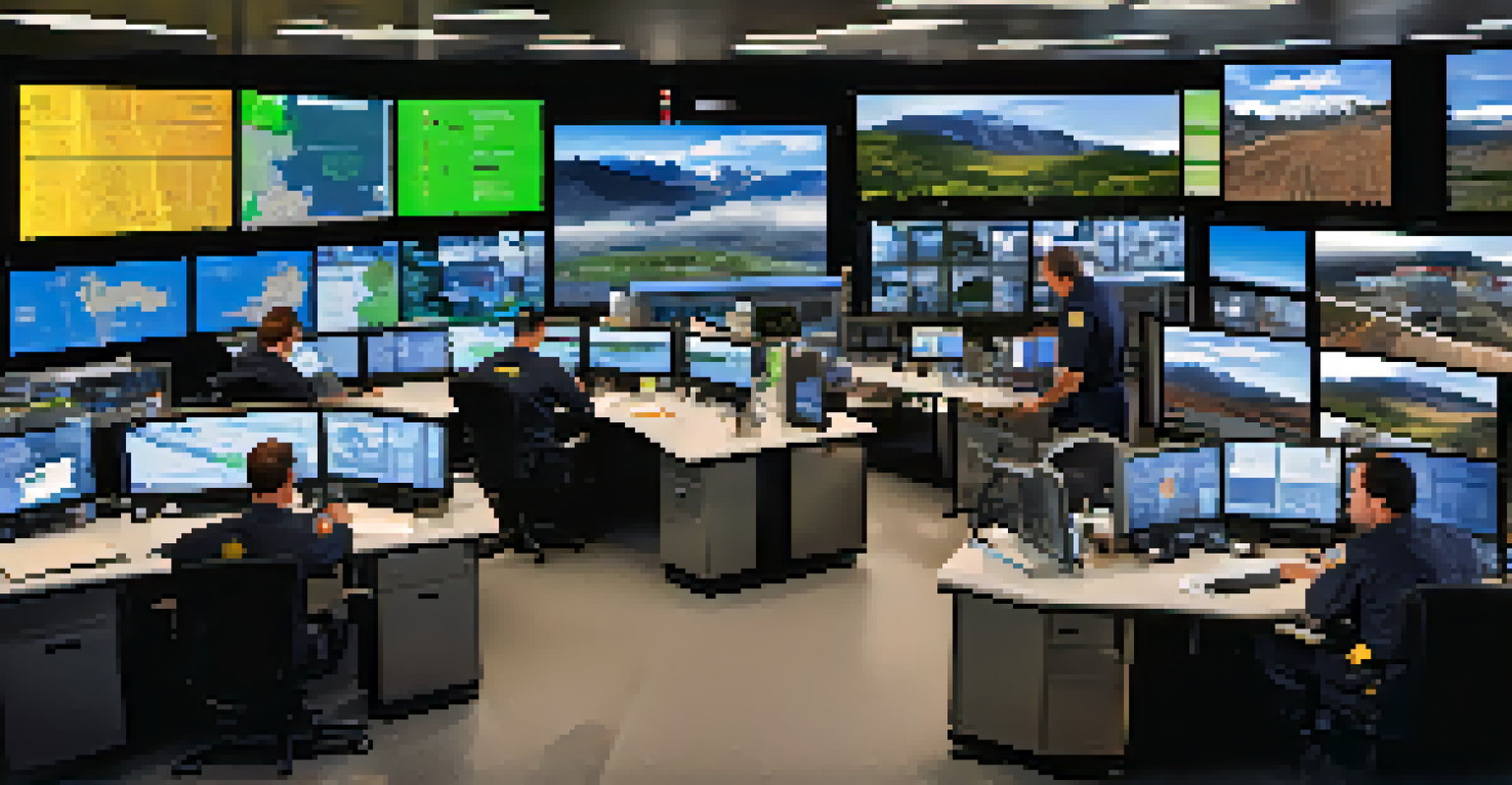 A high-tech emergency response control center with responders analyzing real-time data and maps.