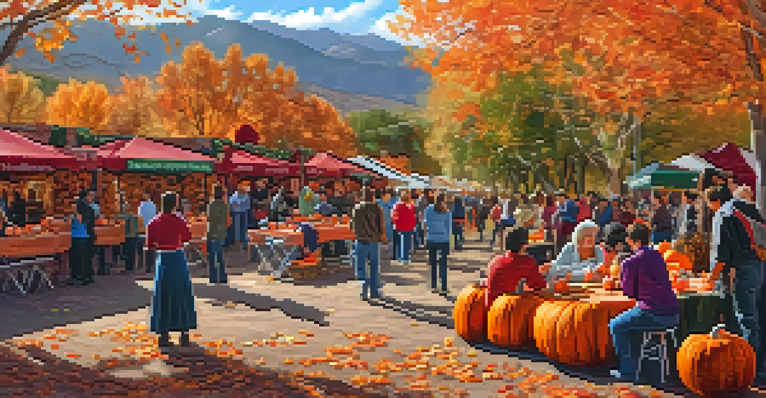 Families enjoying La Fiesta de Otoño, carving pumpkins and watching traditional dances against an autumn backdrop.