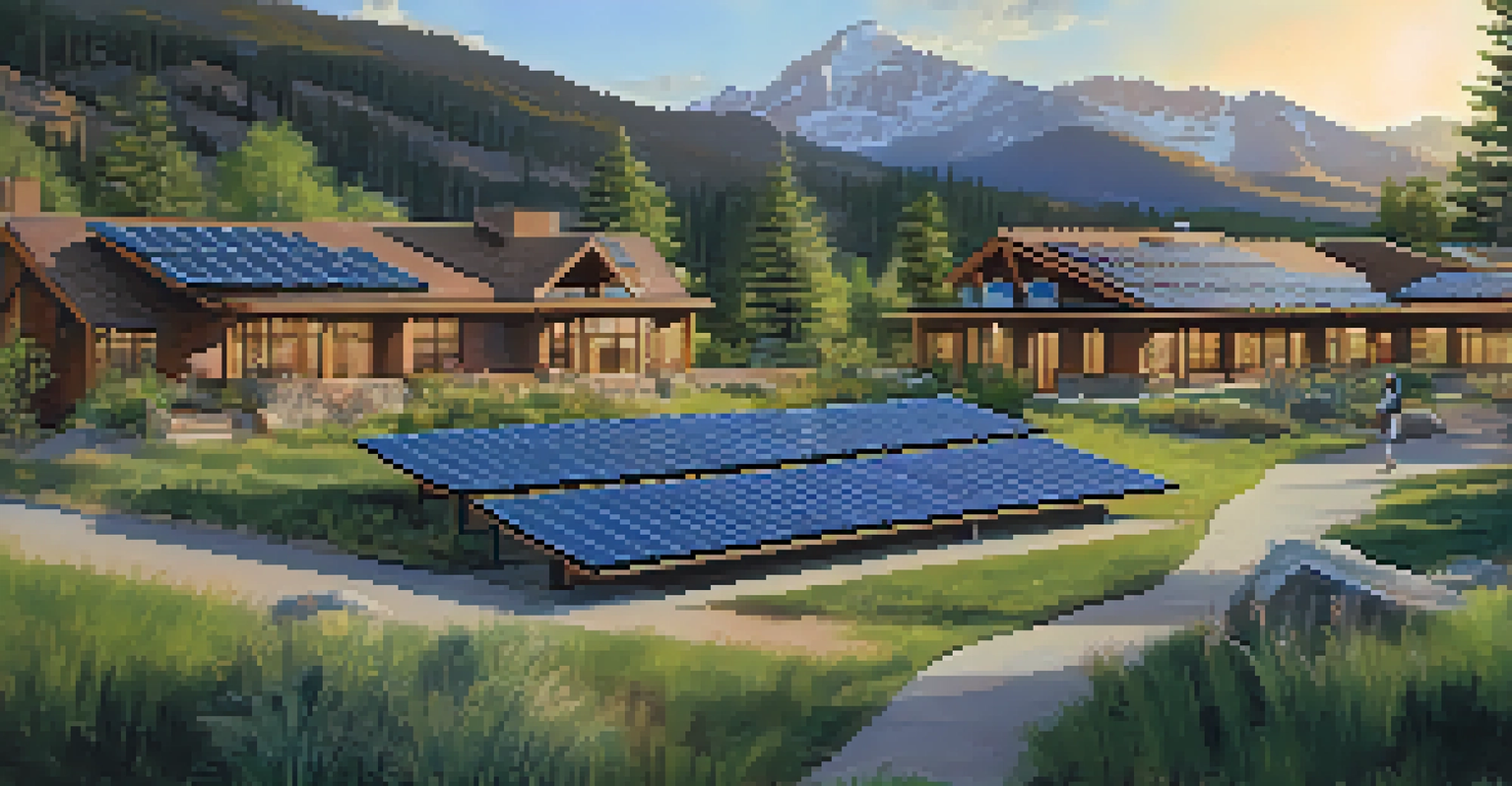 An eco-friendly resort in the Colorado mountains with guests on a nature walk surrounded by solar panels and native plants.
