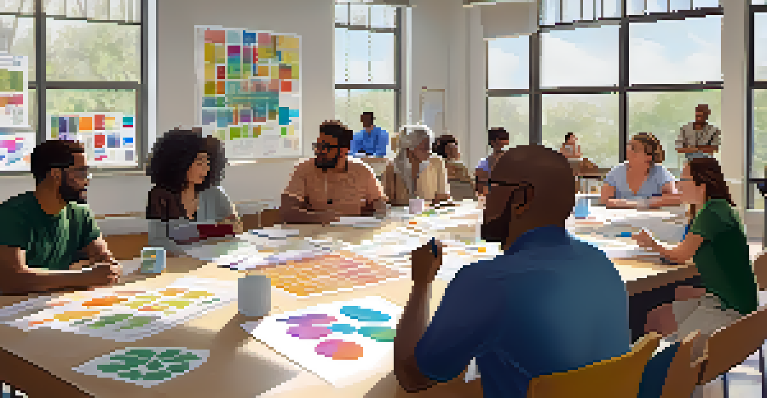 A community workshop in a well-lit space with residents collaborating around tables and sharing ideas.