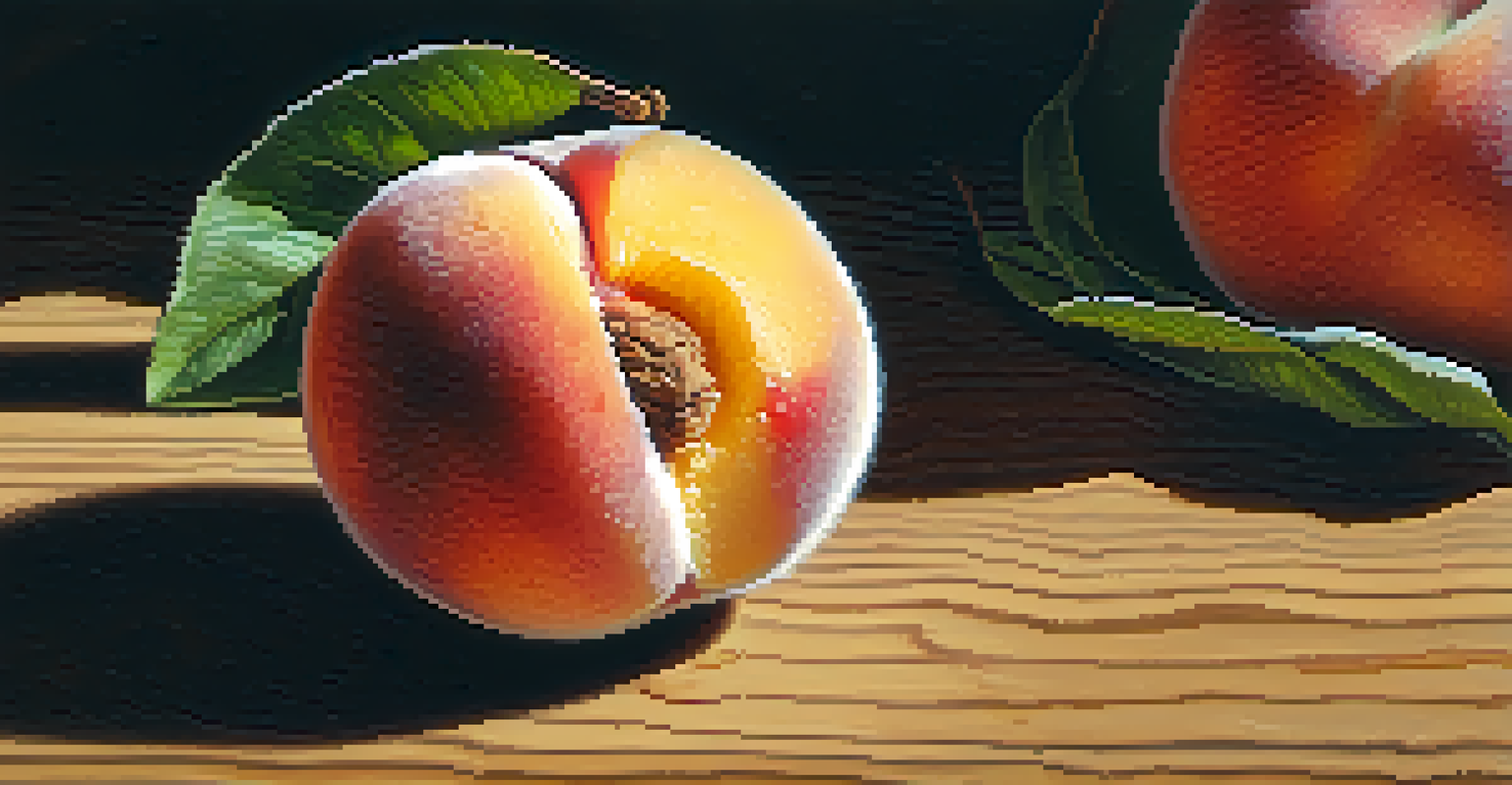 A close-up of a fresh Palisade peach with slices on a wooden table under warm sunlight.
