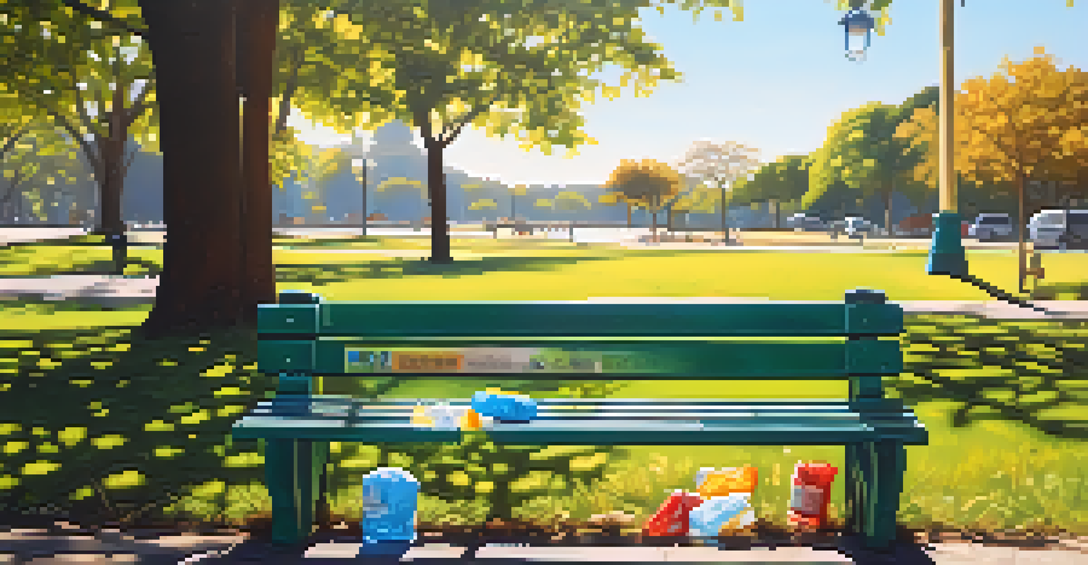 A close-up view of a park bench with trash scattered around, showcasing the negative effects of littering in a beautiful park.
