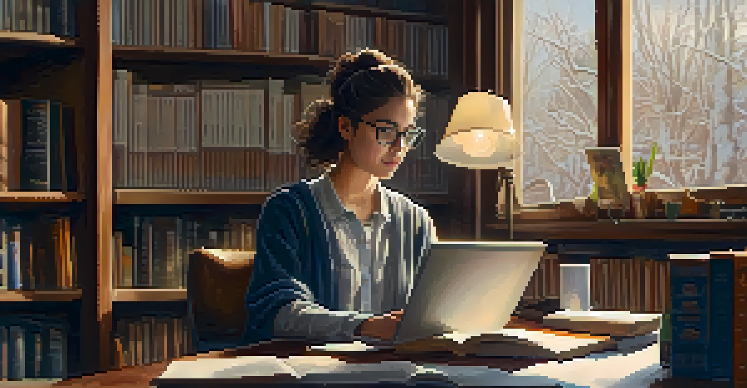 A graduate student studying in a warm and inviting library with bookshelves and a cozy atmosphere.