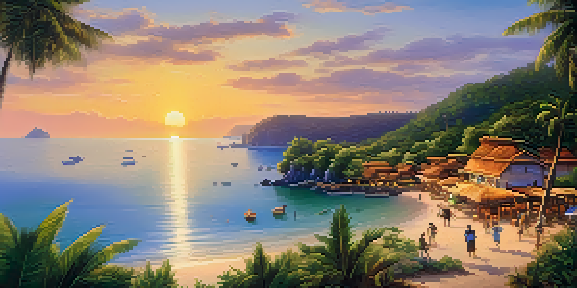 A picturesque coastal village with local artisans and tourists enjoying eco-tourism activities during sunset.
