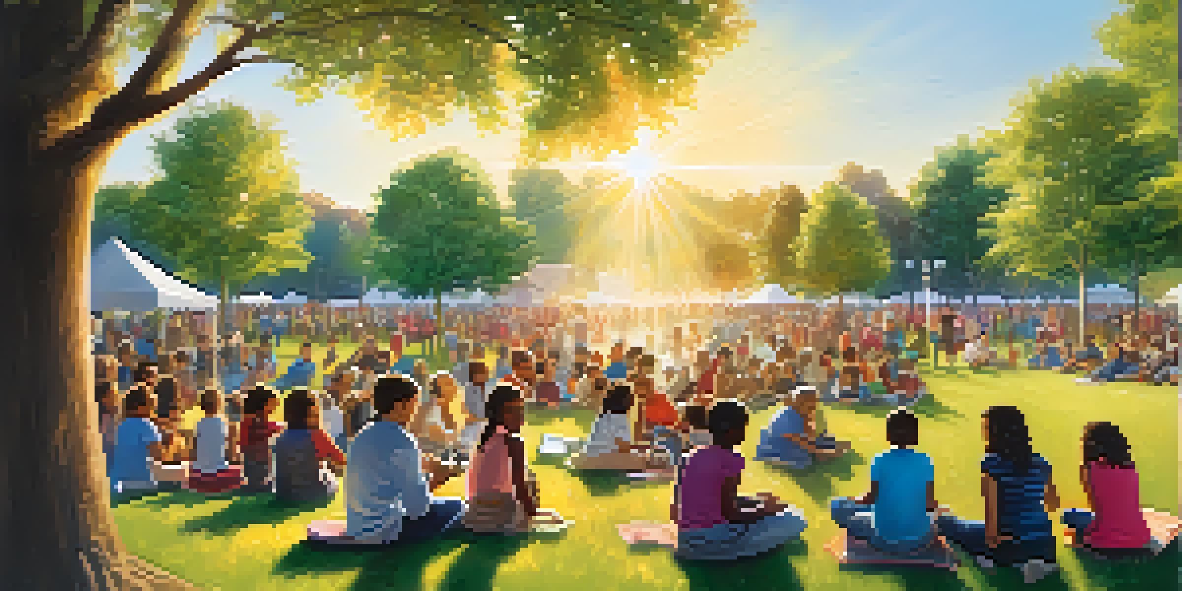 A diverse group of residents in a park discussing disaster preparedness, with trees and sunlight creating a warm atmosphere.