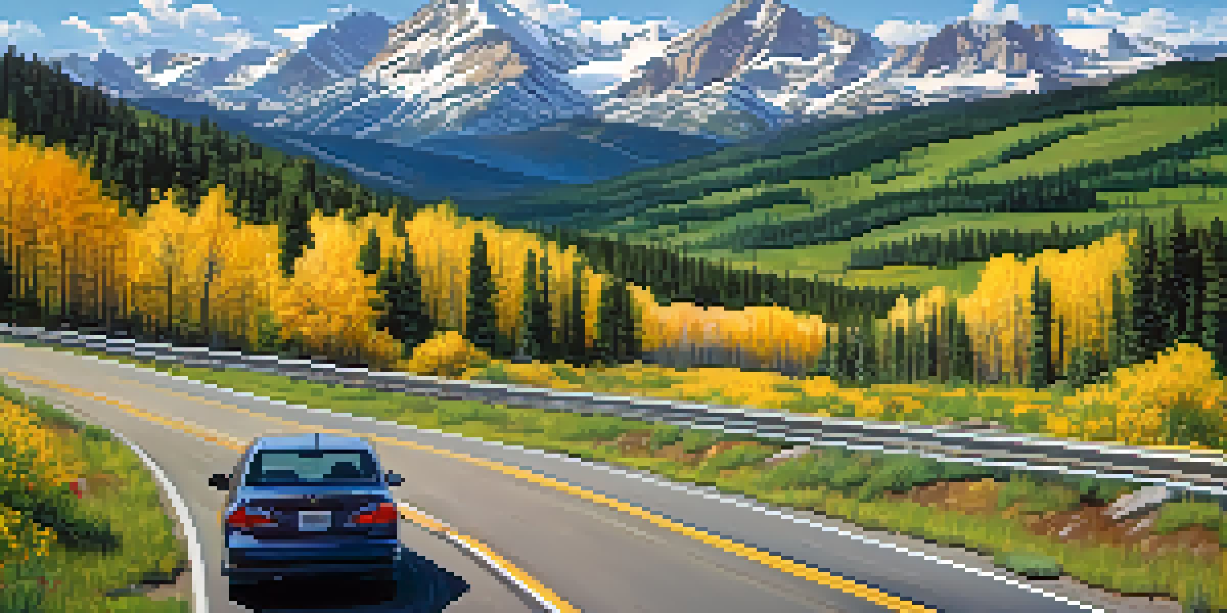 A panoramic view of a highway in Colorado with mountains in the background, featuring green forests and wildflowers along the roadside.