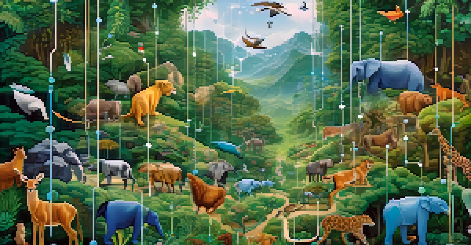 An illustration of a blockchain network with animal product icons, symbolizing transparency in wildlife trade, set against a digital landscape.