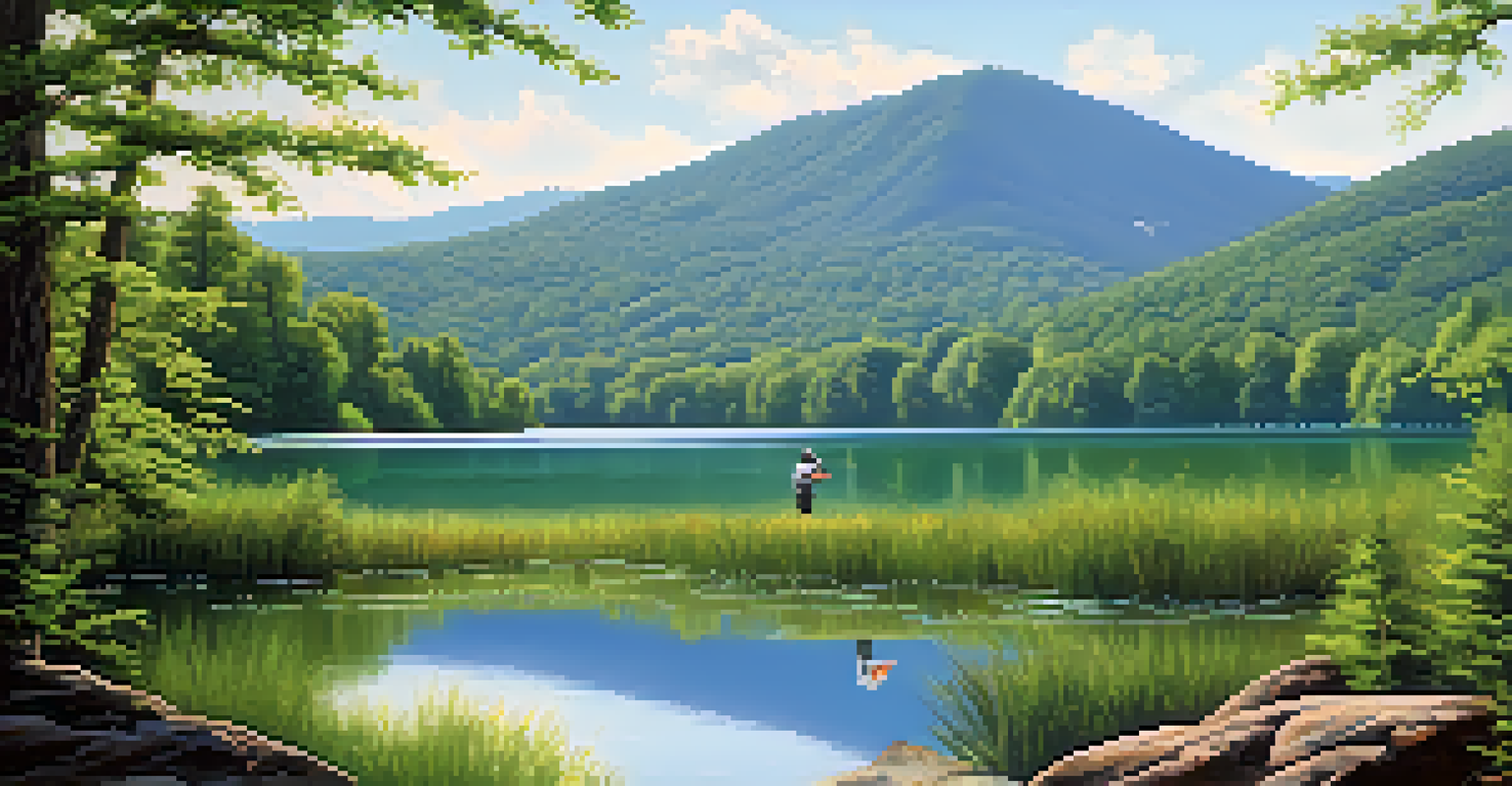 An angler fishing at Spinney Mountain State Park, with a calm lake reflecting the sky, surrounded by lush greenery and distant mountains.