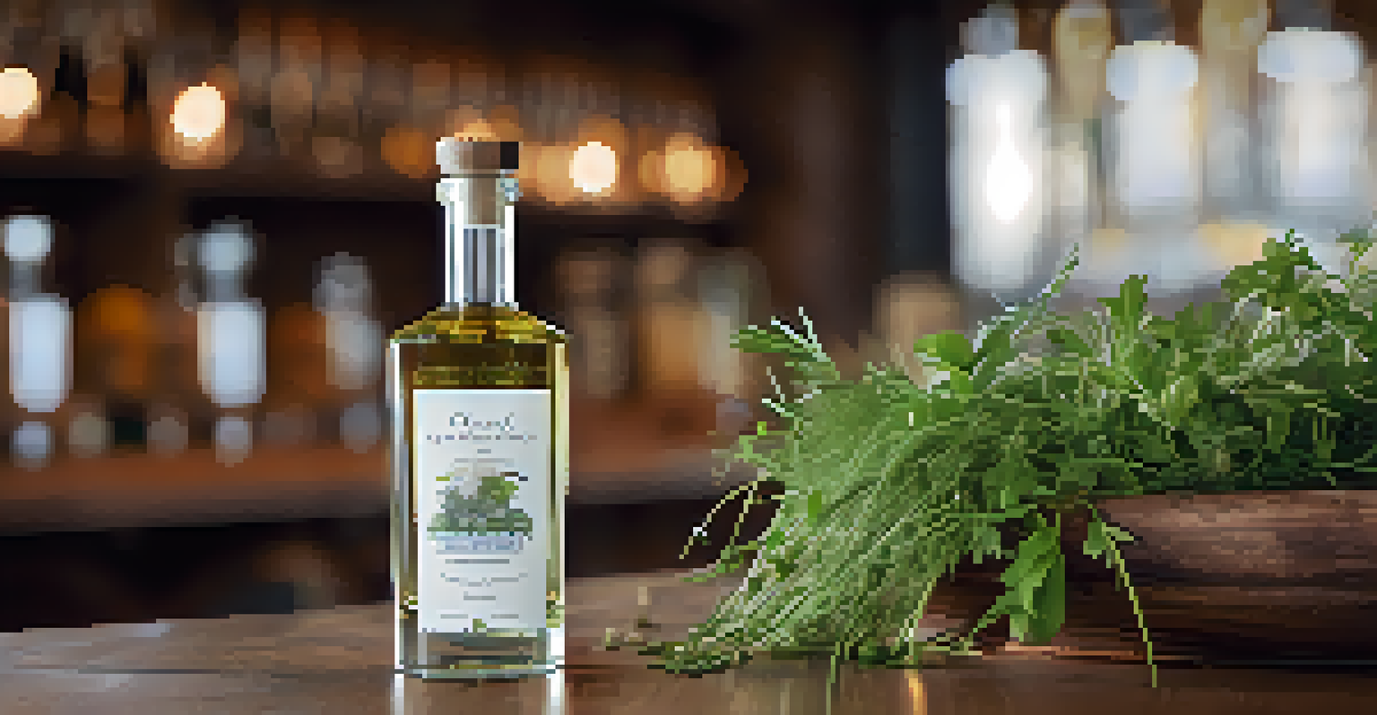 Close-up of a craft spirit bottle featuring local ingredients, surrounded by herbs and grains in a distillery setting.