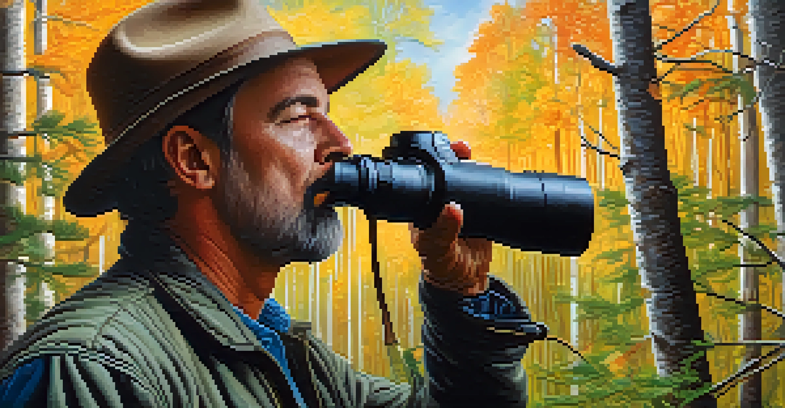 A birdwatcher in Colorado observing a brightly colored bird in a lush forest setting, with sunlight filtering through the trees.
