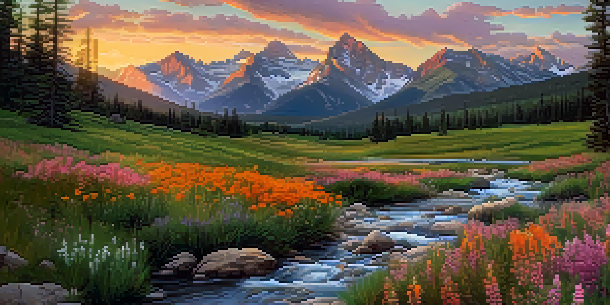 A breathtaking view of the Colorado Rockies at sunset, featuring colorful skies, wildflowers, and hikers in a green valley.