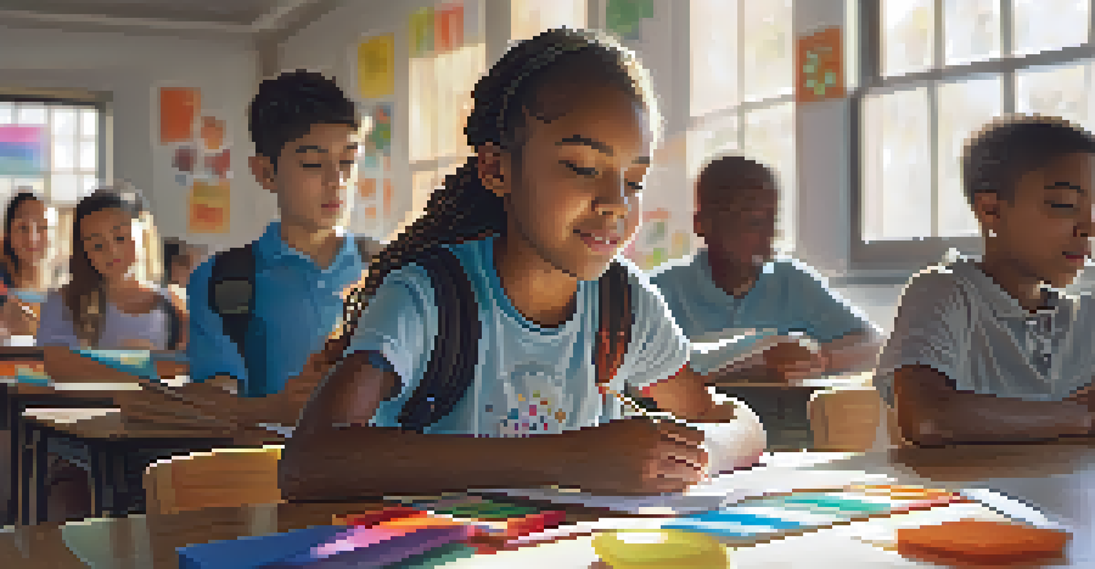 A young student participating in a mindfulness workshop at school, surrounded by peers and materials for emotional well-being.