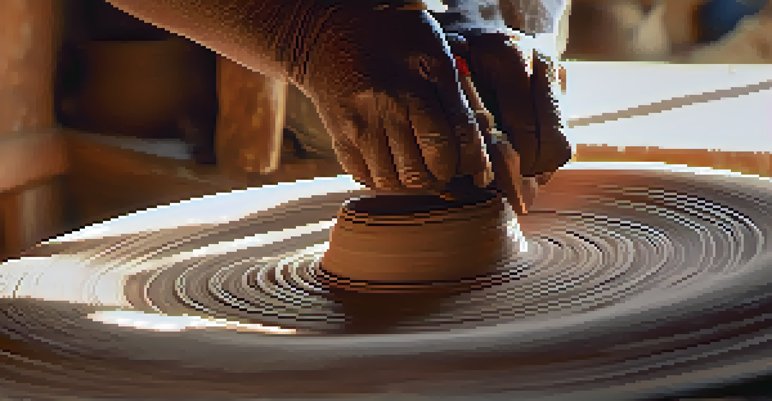 Close-up of an artisan shaping pottery on a wheel, hands covered in clay with tools and pottery pieces around, illuminated by natural light.