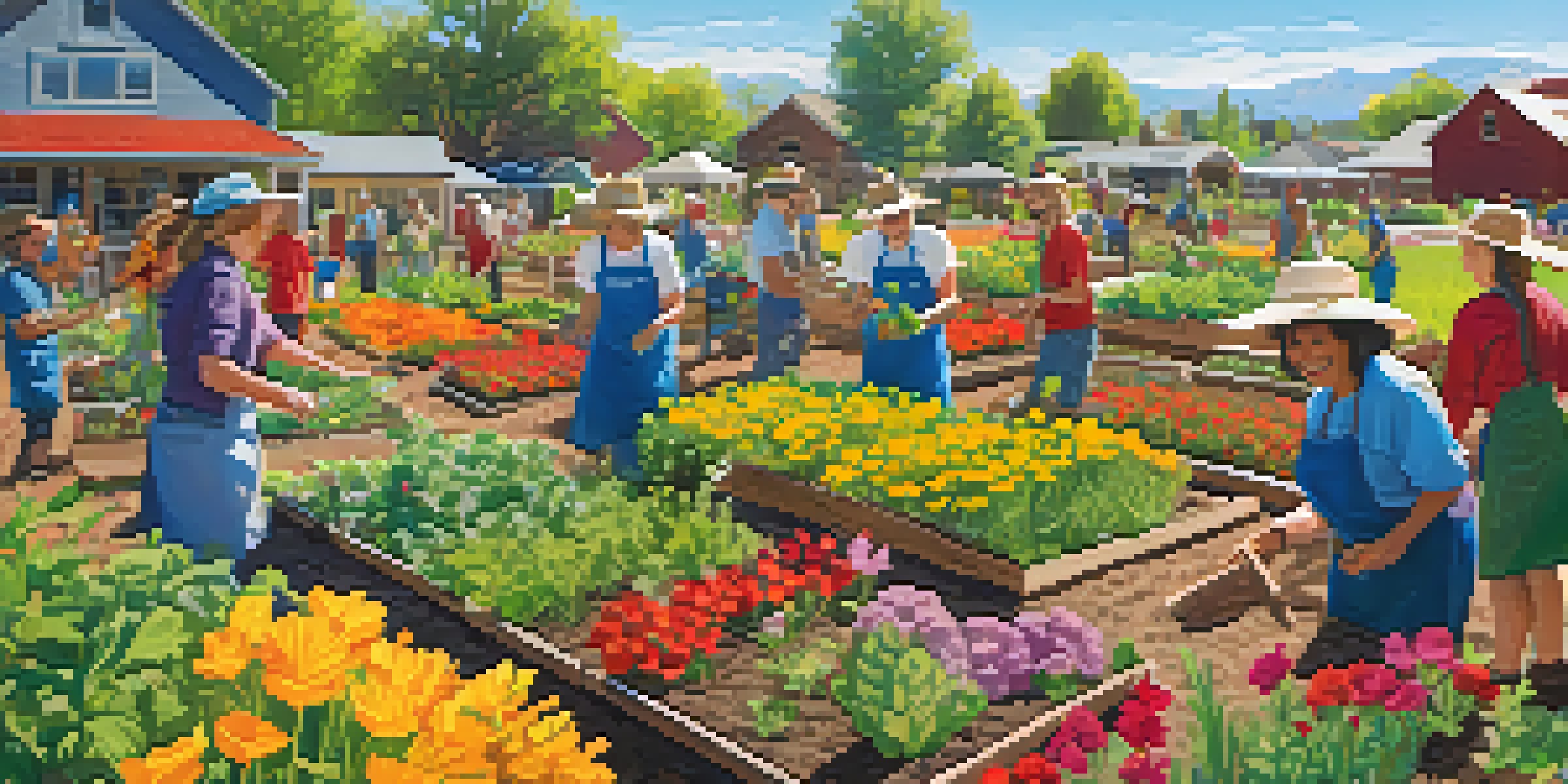 A community garden with diverse volunteers planting flowers and vegetables under a clear blue sky.