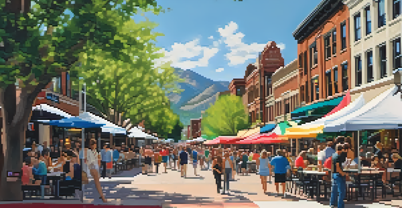 A lively Pearl Street Mall in Boulder, Colorado, with pedestrians, street performers, and colorful outdoor dining areas, under a clear blue sky.